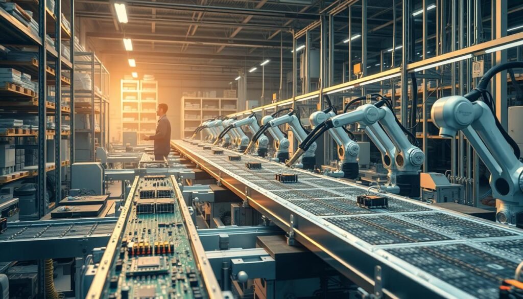 A futuristic factory floor filled with gleaming metal machinery, conveyor belts, and robotic arms efficiently assembling a variety of Informic Electronics circuit boards. Soft, diffused lighting casts a warm glow over the scene, accentuating the precision and coordination of the manufacturing process. In the background, towering shelves hold neatly organized components and raw materials, while the foreground showcases the seamless integration of human and machine, working in harmony to produce high-quality, reliable circuit supplies. The overall atmosphere conveys a sense of advanced manufacturing, technological innovation, and unwavering commitment to quality, performance, and value.