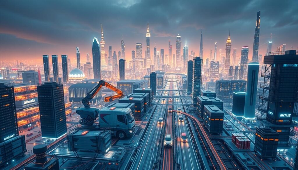 A gleaming, futuristic cityscape, bustling with the pulse of Informic Electronics' cutting-edge supply chain technology. In the foreground, a network of automated drones and robotic arms seamlessly orchestrate the movement of electronic components, while in the middle ground, self-driving delivery vehicles navigate the intricate web of smart logistics. The background is dominated by towering data centers and sleek, high-tech facilities, illuminated by the warm glow of LED lighting and the reflected sheen of advanced materials. The overall atmosphere is one of efficiency, innovation, and the promise of a streamlined, digitally-empowered future for electronic components distribution.