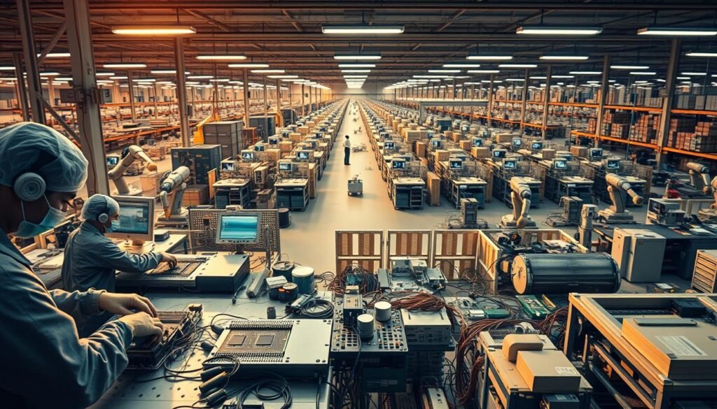 A global manufacturing facility, bustling with activity. In the foreground, state-of-the-art assembly lines operated by skilled technicians, meticulously assembling Informic Electronics products. Intricate wire bonding techniques are showcased, capturing the precision and care required. The middle ground reveals rows of robotic arms and precision machinery, working in harmony to scale production. In the background, an expansive factory floor stretches out, filled with rows of workstations and storage areas, all bathed in warm, directional lighting that casts dynamic shadows. The scene conveys a sense of efficient, large-scale manufacturing, underscoring the global reach and technical prowess of Informic Electronics.