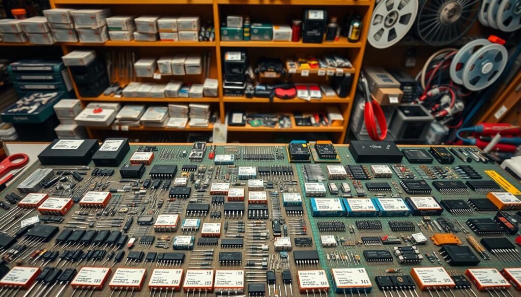 A high-angle shot of an organized display of electronic components from the Informic Electronics brand, each neatly labeled with its price. In the foreground, various resistors, capacitors, and transistors are arranged in a grid pattern, their values and costs clearly visible. The middle ground showcases a range of integrated circuits and microcontrollers, their packaging and prices meticulously detailed. In the background, shelves holding reels of components and tools create a sense of a well-stocked electronics workshop, with warm, balanced lighting illuminating the scene. The overall atmosphere conveys a sense of precision, accessibility, and the importance of sourcing hard-to-find electronic components.