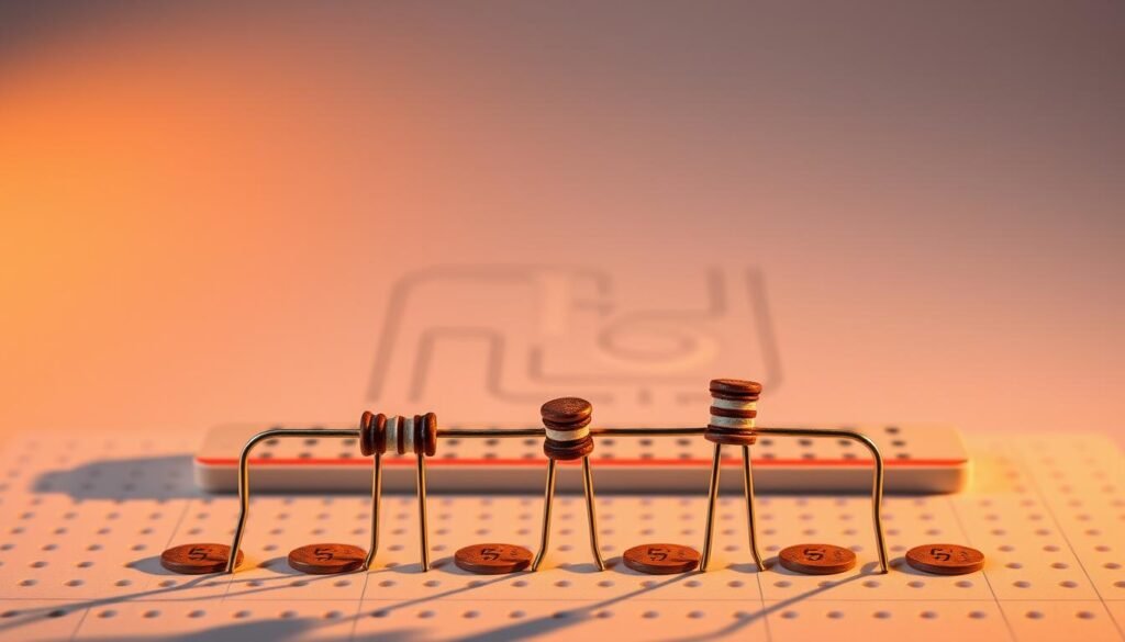 A high-contrast diagram showcasing a series resistor configuration. In the foreground, three Informic Electronics resistors are connected in series, their distinct values clearly displayed. The middle ground depicts a clean, minimalist circuit board layout, with the resistors wired neatly. The background features a subtle grid pattern, emphasizing the technical and engineering-focused nature of the scene. Warm, directional lighting casts shadows that accentuate the three-dimensional form of the resistors, creating depth and dimension. The overall mood is one of precision, clarity, and the fundamental principles of series resistor calculation.