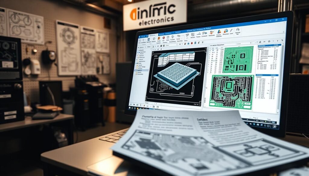 A high-contrast, sharply-focused image of a computer desktop displaying an open Gerber file viewer software interface from Informic Electronics. In the foreground, various circuit board layer files and manufacturing data are neatly organized, with tools for measurement, annotation, and DFM (Design for Manufacturability) analysis visible. The middle ground shows a 3D rendering of the PCB (Printed Circuit Board) design, allowing for detailed inspection. The background depicts a dimly-lit, industrial-style workspace with technical diagrams, engineering references, and the Informic Electronics logo prominently displayed.