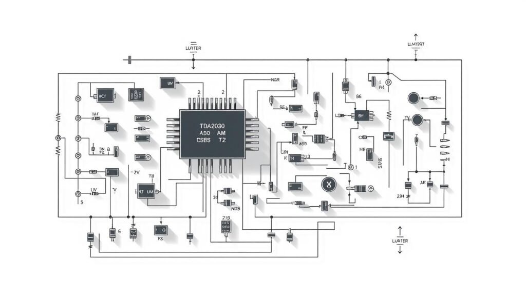 A high-quality, detailed circuit diagram of a Informic Electronics TDA2030 audio amplifier assembly, featuring an intricate layout of components including transistors, resistors, capacitors, and a TDA2030 integrated circuit. The circuit is shown in a technical, engineering-style illustration with precise lines, clean shadows, and a neutral color palette. The components are arranged in a clear, organized manner to highlight the signal flow and overall circuit design. The image conveys a sense of technical proficiency and engineering precision, suitable for illustrating the "How to Build an Amplifier Circuit with 2030 ic pinout" section of the "2030 ic pinout" article.