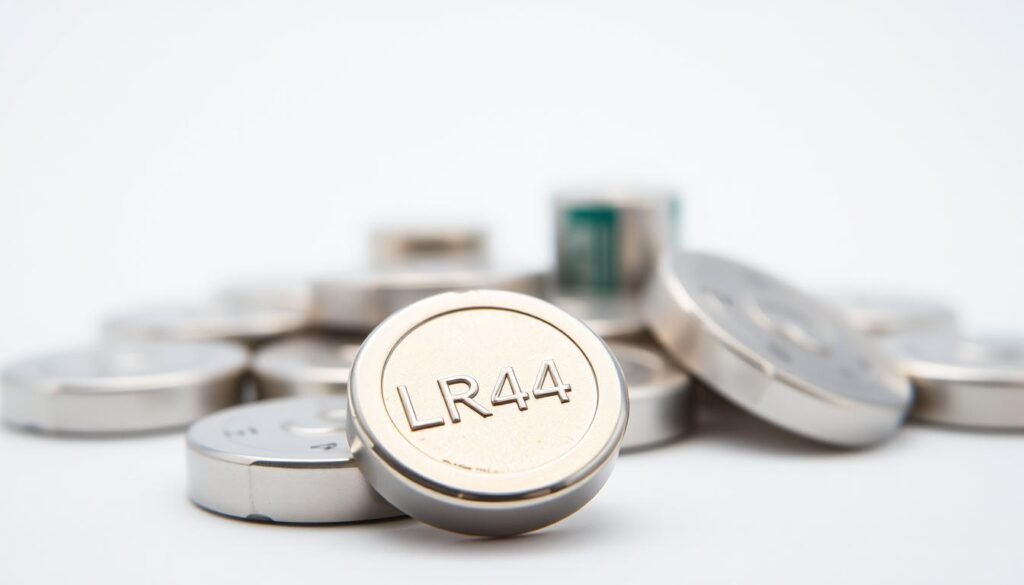 A high-quality, detailed close-up photograph of various button cell batteries, prominently featuring an LR44 battery in the foreground. The LR44 battery is shown in sharp focus, its metallic casing and button-like shape clearly visible. Surrounding the LR44 are several other button cell batteries, such as CR2032 and AG13, displayed in a slightly out-of-focus middle ground to provide context. The background is a clean, bright, and evenly lit studio setup, with a subtle gradient or plain color to emphasize the batteries. The lighting is natural and flattering, highlighting the metallic surfaces and creating subtle shadows. The overall composition is balanced and visually appealing, showcasing the technical details of the LR44 battery and its comparison to other common button cell options. Branding: "Informic Electronics".