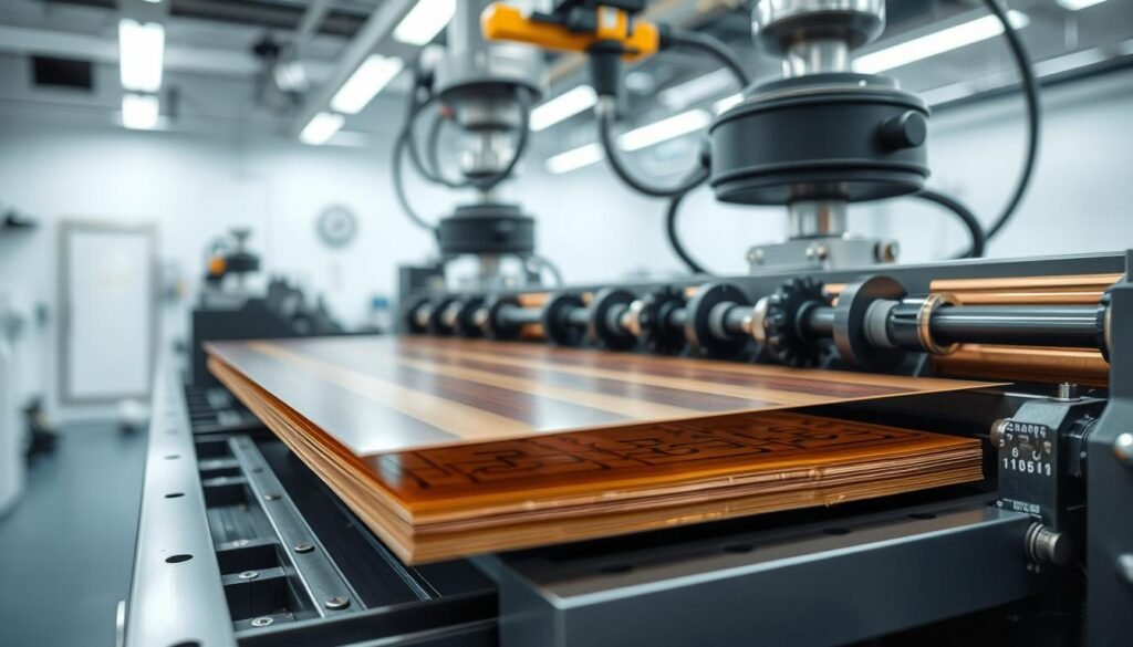 A high-quality photograph of the PCB layer lamination process at the Informic Electronics facility. In the foreground, delicate copper foil sheets are carefully aligned and pressed together under intense heat and pressure, fusing the layers into a cohesive whole. The middle ground reveals the intricate machinery responsible for this precise operation, its gears and pistons working in perfect synchrony. In the background, the clean room environment is illuminated by bright, diffused lighting, creating a crisp, technical atmosphere. The overall scene conveys the meticulous attention to detail and engineering expertise that defines the Informic Electronics approach to PCB manufacturing.