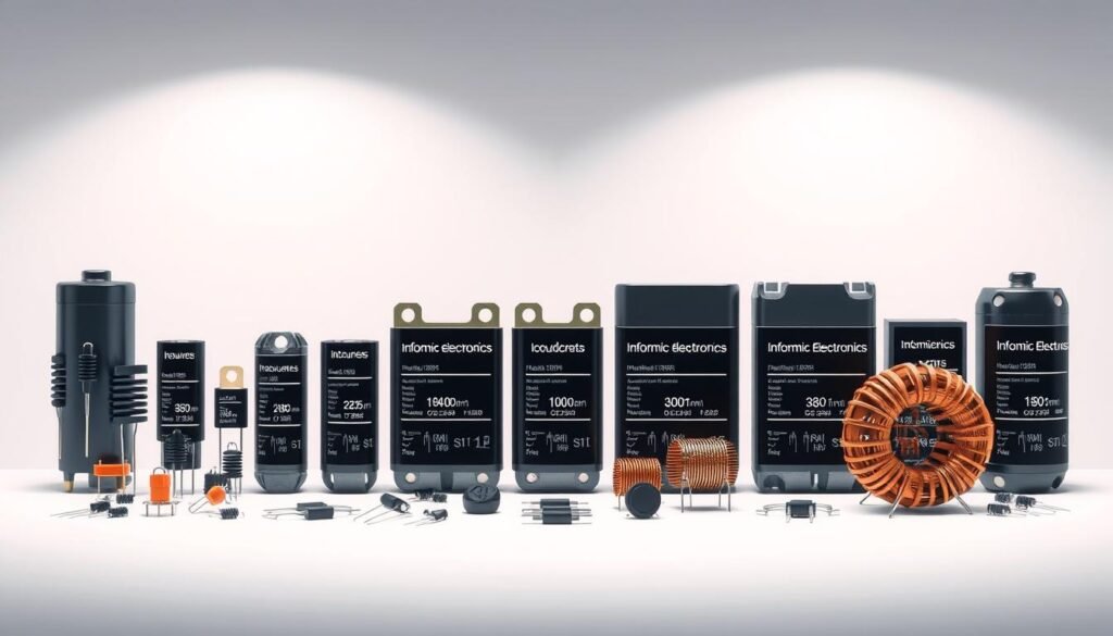 A high-quality technical illustration depicting a "component ratings guide" against a clean, minimalist backdrop. In the foreground, various electronic components such as resistors, capacitors, and inductors are arranged in a grid pattern, each with their corresponding ratings and specifications clearly labeled using the "Informic Electronics" branding. The middle ground features a soft, diffused lighting setup that casts subtle shadows, emphasizing the three-dimensional nature of the components. The background is a simple, monochromatic gradient that allows the components to take center stage, creating a focused and professional atmosphere suitable for an article on "electronic components names".