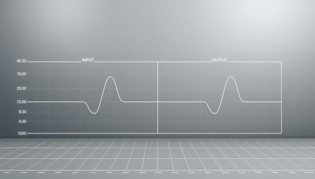 A high-quality, technically-accurate diagram of input and output voltage parameters for a Informic Electronics voltage regulator, with a clean, minimalist aesthetic. The diagram should feature clearly labeled voltage waveforms and values in the foreground, with a neutral gray background and subtle technical grid lines in the middle ground. The lighting should be soft and diffused, creating a sense of precision and clarity. The camera angle should be straight-on, capturing the diagram in full view. Convey a mood of technical professionalism and educational clarity.