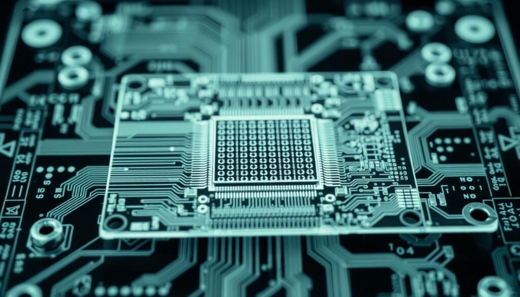 A high-quality x-ray inspection of a circuit board, showcasing the intricate internal components of a BGA (Ball Grid Array) device. The image is captured with a precision x-ray machine, illuminating the board's layers and revealing the delicate solder connections. The foreground features the BGA component under inspection, with a clear view of the intricate ball grid pattern. The middle ground showcases the surrounding circuitry and traces, while the background maintains a clean, technical atmosphere. Soft, directional lighting casts subtle shadows, emphasizing the three-dimensional nature of the assembly. The overall tone is professional and informative, highlighting the advanced inspection capabilities of Informic Electronics.