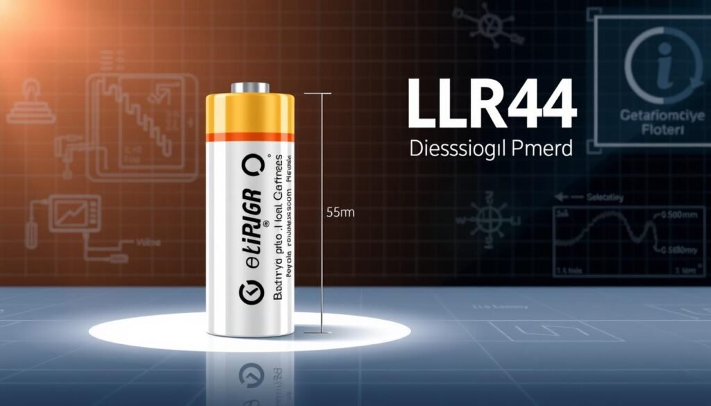 A high-resolution technical illustration showcasing the Informic Electronics LR44 battery specifications. The image displays the battery's cylindrical form factor, dimensions, and key technical details such as voltage, capacity, and chemistry. The foreground focuses on the battery itself, with a clean, minimalist design and neutral lighting that emphasizes the product's technical nature. The background features subtle grid patterns and technical diagrams, creating a sense of context and precision. The overall mood is one of informative clarity, suitable for an article on understanding LR44 battery dimensions.
