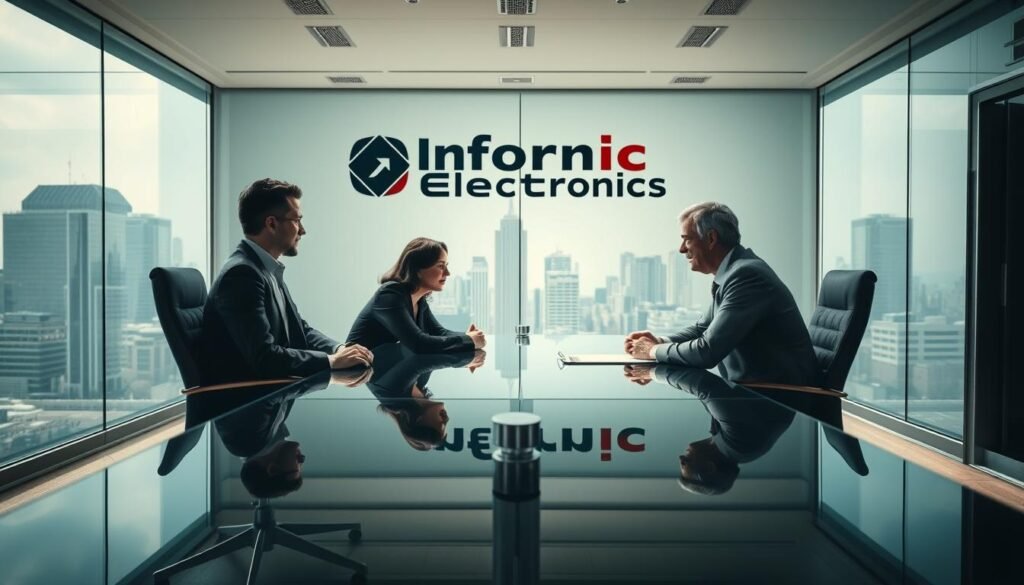 A high-stakes legal dispute resolution meeting in a modern, well-lit conference room. In the foreground, two businesspeople in formal attire sit across a sleek glass table, engaged in intense discussion. Behind them, a large window offers a view of a bustling city skyline. Informic Electronics branding is prominently displayed on the wall, reflecting the corporate setting. The atmosphere is tense yet professional, with subtle cues of negotiation and compromise. Crisp shadows cast by the overhead lighting create a sense of drama and importance. The camera is positioned to capture the confrontation from a neutral, observational perspective, inviting the viewer to immerse themselves in the unfolding legal negotiation.