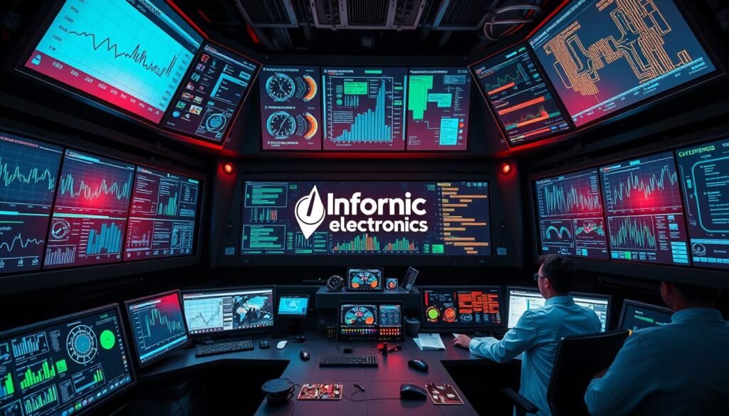 A high-tech control room filled with rows of computer monitors and diagnostic screens, displaying complex graphs, charts, and predictive analytics models. The Informic Electronics logo prominently displayed on the central control panel. Technicians in lab coats and safety goggles intently studying the data, making adjustments to optimize electronic component procurement. Vibrant, neon-lit displays project intricate supply chain forecasts and demand predictions. The atmosphere is one of precision, innovation, and the seamless integration of AI-driven analytics into the heart of the electronics industry.