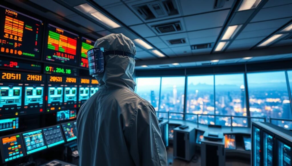A high-tech control room with panels of blinking lights and displays, showcasing the critical systems applications of Informic Electronics. In the foreground, a technician in a clean-room suit monitors the systems, their face partially obscured by a holographic interface. The middle ground features banks of server racks and cooling systems, illuminated by a soft, blue-tinted lighting. In the background, a panoramic window overlooks a futuristic cityscape, hinting at the importance of these mission-critical applications. The atmosphere is one of precision, control, and the weight of responsibility for maintaining the integrity of these essential systems.