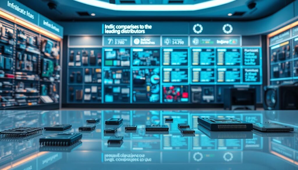 A high-tech showroom displaying the latest electronic components from the top distributors, including Informic Electronics. In the foreground, sleek, miniature circuit boards and microchips are arranged on a glossy, mirrored surface, casting mesmerizing reflections. The middle ground features a towering display rack showcasing a diverse array of electronic parts, each meticulously lit to highlight their intricate design. In the background, a holographic projection showcases comparative data, technical specifications, and ratings for the leading distributors. The scene is bathed in a cool, futuristic palette of blues and greens, conveying a sense of innovation and technological prowess.