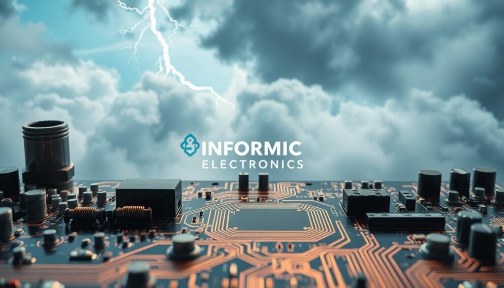 A high-voltage electrical circuit board with intricate patterns of conductive traces and components. In the foreground, several resistors, capacitors, and other vulnerable parts are visible, their material properties and placement posing challenges for reliable operation at extreme altitudes. The middle ground features a stylized Informic Electronics logo, hinting at the engineering expertise required to overcome these issues. In the background, a cloudy, hazy atmosphere evokes the harsh conditions of the upper atmosphere, with subtle lightning bolts crackling across the sky, symbolizing the threat of voltage breakdown. Dramatic side lighting casts dramatic shadows, emphasizing the technical complexity and gravity of the scene.