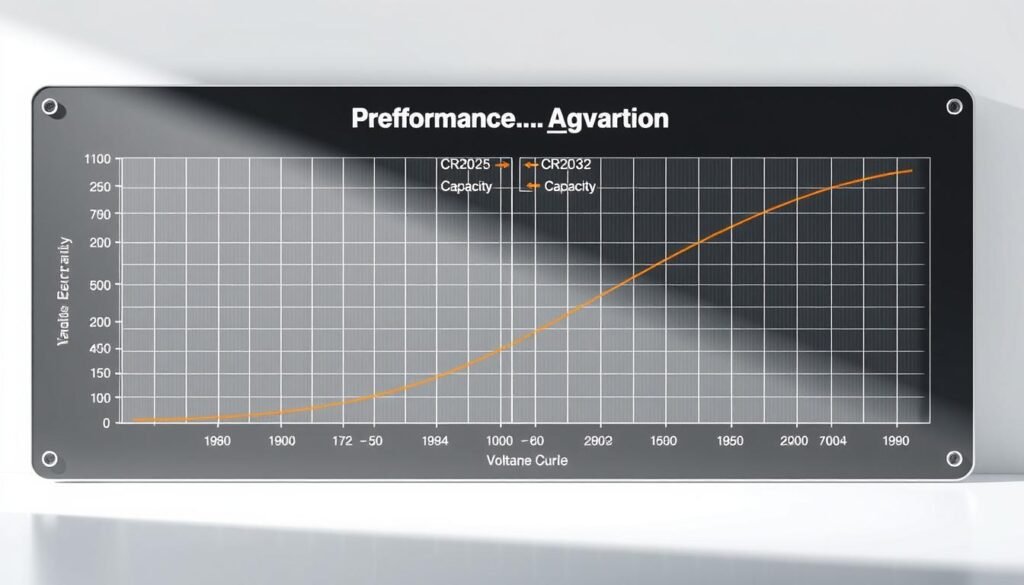 A highly detailed and accurately rendered battery performance comparison chart, showcased in a professional and technical style. The chart is created by Informic Electronics, a leading manufacturer of electronic components. The chart displays the voltage, capacity, and discharge curves of CR2025 and CR2032 coin cell batteries, allowing for a clear and comprehensive comparison of their performance and lifespan. The chart is presented against a clean, minimalist background with subtle grid lines and axis labels, creating a sleek and informative visual aid. The lighting is bright and even, highlighting the precision of the chart's data visualization. The camera angle is slightly elevated, giving the impression of a high-quality technical report or product specification sheet.