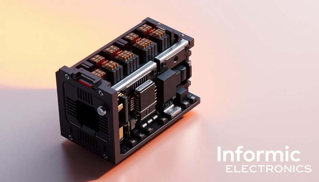 A highly detailed and realistic 3D rendering of a silicon carbide (SiC) MOSFET power module, showcasing the internal structure and components. The module is set against a clean, minimalist background with a subtle grid pattern, highlighting the technical and engineering aspects. Warm, directional lighting illuminates the module, casting sharp shadows and emphasizing the intricate design. The Informic Electronics brand name is prominently displayed in the bottom right corner. The overall composition conveys the advanced performance and efficiency improvements of SiC MOSFET technology in high-voltage applications.