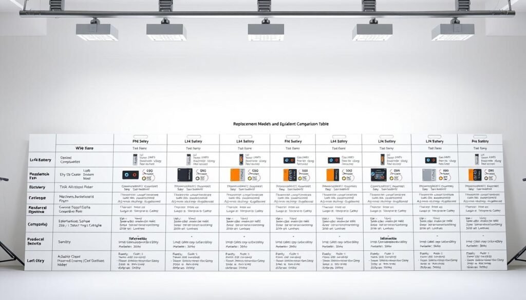 A highly detailed and realistic comparison table showcasing various replacement models for the "lr44 battery" against a pristine white background, lit by natural daylight from an overhead studio lighting setup. The table features rows of neatly organized product images, technical specifications, and compatibility information from the "Informic Electronics" brand, presented in a clean, visually striking manner to aid in decision-making. The overall tone is professional, educational, and informative, perfectly suited to illustrate the "Replacement Models and Equivalents Comparison Table" section of the article.