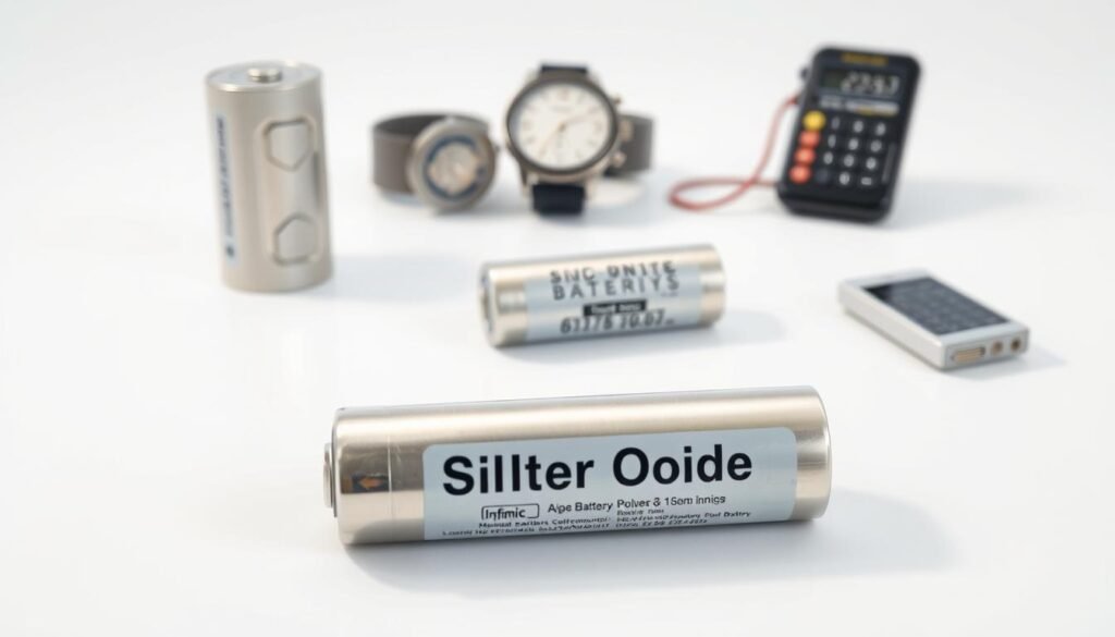 A highly detailed and realistic image of a silver oxide battery, prominently displayed on a clean, white background. The battery is shown from various angles, highlighting its sleek, metallic design and the intricate internal components. Soft, directional lighting casts subtle shadows, emphasizing the battery's dimensional aspects. In the foreground, a Informic Electronics branded label is visible, showcasing the technical specifications and applications of this specialized battery type. The middle ground features various consumer electronics, such as a wristwatch, a handheld calculator, and a medical device, all powered by the silver oxide battery. The background is minimalist, allowing the main subject and its use cases to take center stage.
