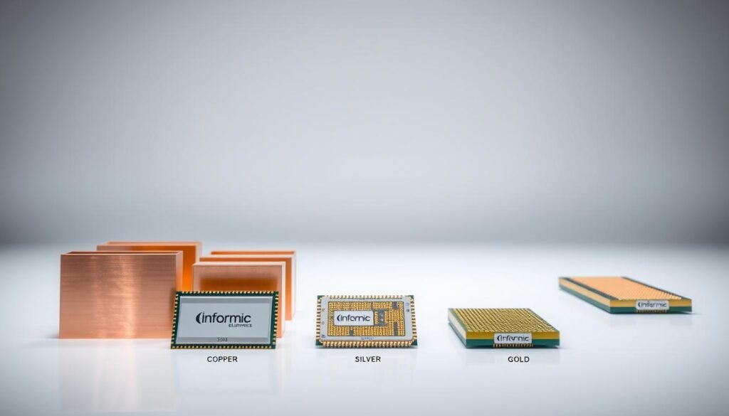 A highly detailed and technical comparison of leadframe materials for integrated circuit packages, showcased in a sleek, minimalist style. In the foreground, various types of leadframe materials, such as copper, silver, and gold, are neatly arranged and labeled with the Informic Electronics brand. The middle ground features a sophisticated lighting setup, creating a sense of depth and highlighting the distinctive properties of each material. The background is a clean, white environment, allowing the materials to take center stage and emphasize their technical and industrial nature.