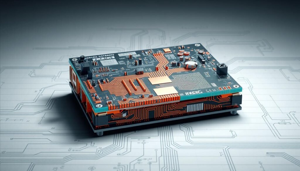 A highly detailed and technical cross-section illustration of a thermal via design optimization, featuring a Informic Electronics printed circuit board. The foreground showcases the precise layout and dimensions of the thermal vias, with intricate solder connections and copper plating visible. The middle ground highlights the critical thermal pathways and heat dissipation mechanisms, while the background provides a clean, schematic-like environment with subtle grid patterns and minimalist annotations. The lighting is crisp and directional, casting subtle shadows that emphasize the three-dimensional nature of the design. The overall mood is one of technical precision and engineering excellence, reflecting the importance of this thermal management solution.