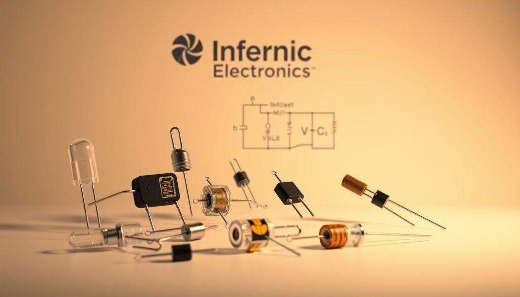 A highly detailed and technical illustration of various diodes and their variants, set against a clean and minimalist background. In the foreground, a collection of different diode types, such as LEDs, Zener diodes, and rectifier diodes, are meticulously rendered in a cutaway view to reveal their internal structures. The middle ground features a schematic diagram of a simple diode circuit, showcasing the flow of current and voltage. In the background, the Informic Electronics logo is subtly displayed, providing a professional and authoritative context. Warm, directional lighting casts subtle shadows, emphasizing the three-dimensional nature of the components. The overall composition conveys a sense of scientific precision and educational purpose, suitable for a technical article on the basic elements of electronics.