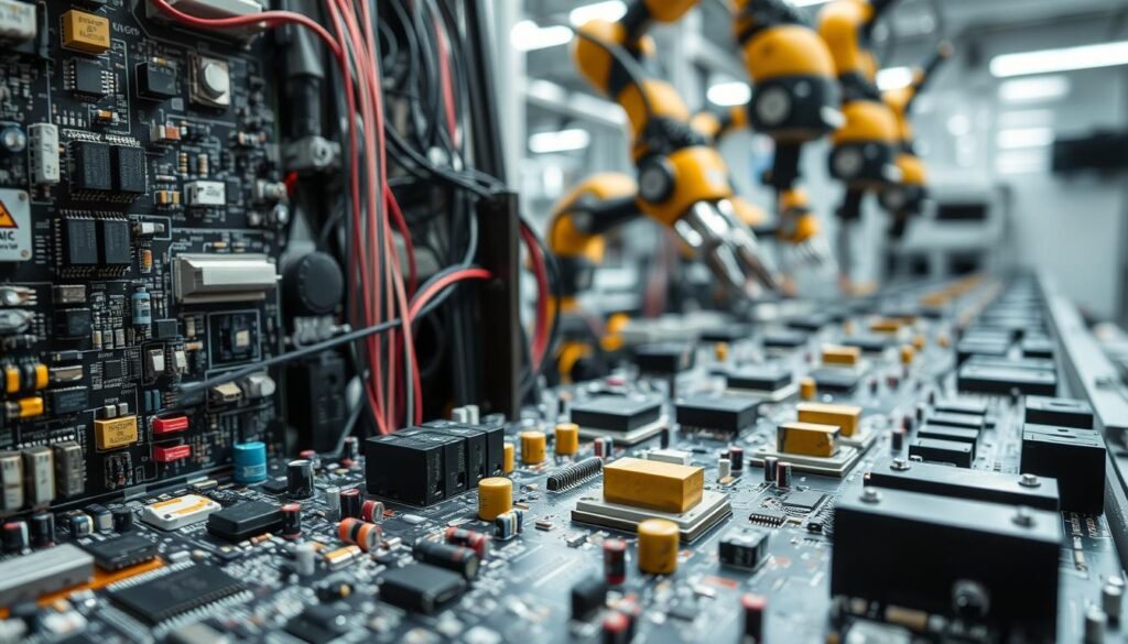 A highly detailed, close-up view of an electronic components assembly, showcasing the intricacy and precision of the "Informic Electronics" manufacturing process. The foreground features a diverse array of circuit boards, microchips, resistors, capacitors, and other intricate components, all meticulously arranged and connected. The middle ground showcases the assembly techniques, with robotic arms precisely soldering and placing components, while the background reveals the clean, well-lit factory environment. The lighting is bright and natural, casting subtle shadows that accentuate the three-dimensional nature of the components. The overall atmosphere conveys a sense of high-tech sophistication, efficiency, and attention to detail.
