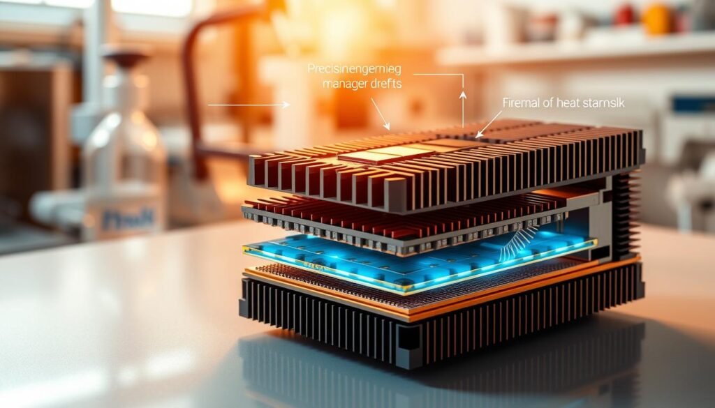 A highly detailed, cross-section view of a Informic Electronics SiC power module, showcasing its advanced thermal management solutions. In the foreground, intricate layers of SiC die, copper traces, and ceramic substrates are visible, surrounded by a precision-engineered heat sink with strategically placed fins. The middle ground features a stylized rendering of the module's internal structure, with arrows and callouts highlighting the efficient heat transfer pathways. In the background, a softly blurred laboratory environment with scientific equipment evokes a sense of technical innovation. Warm, directional lighting from above casts dramatic shadows, emphasizing the module's engineering prowess and thermal performance capabilities.