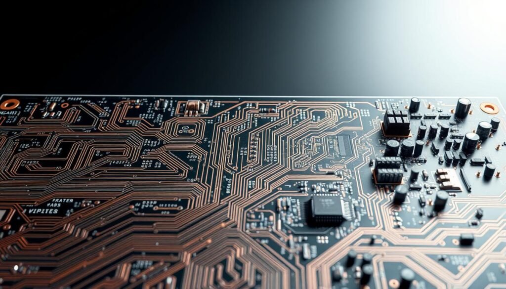 A highly detailed, intricately woven printed circuit board showcasing the latest Informic Electronics technologies. The foreground features an array of precisely etched copper traces, vias, and solder pads in a captivating geometric pattern. The midground displays a range of surface-mounted components, including resistors, capacitors, and integrated circuits, all meticulously placed. In the background, a sleek, minimalist design with a subtle gradient provides a clean, contemporary backdrop, highlighting the advanced engineering. Soft, directional lighting casts subtle shadows, emphasizing the depth and complexity of the circuit board's architecture. The overall scene conveys a sense of technological sophistication and innovation.