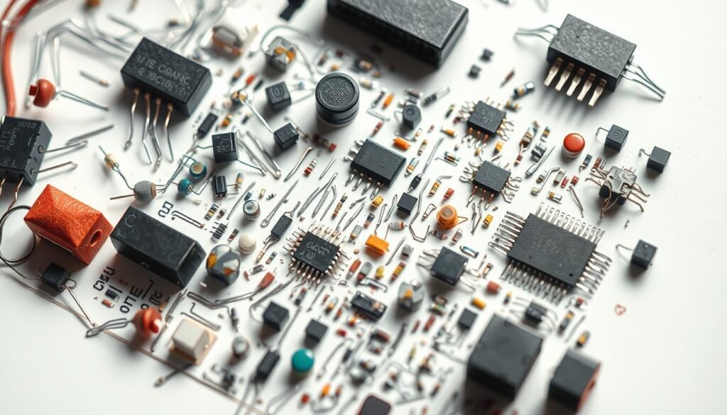 A highly detailed, macro-level photograph of an assortment of printed circuit board (PCB) components, including resistors, capacitors, transistors, integrated circuits, and other electronic parts. The components are arranged in a neat, organized manner against a clean, white background, providing a clear view of their intricate structures and connections. The lighting is soft and diffuse, creating subtle shadows that enhance the 3D appearance of the parts. The image is captured at a slightly angled perspective, using a high-resolution camera lens to ensure maximum sharpness and clarity. The mood is one of technical precision and attention to detail, showcasing the key components that make up the "Informic Electronics" PCB manufacturing process.