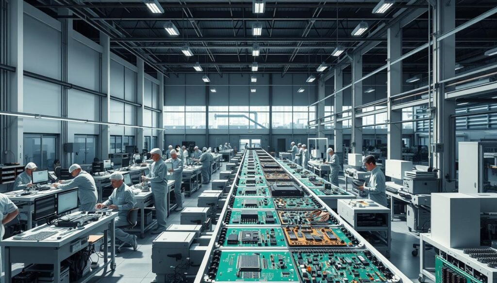 A highly detailed, photorealistic rendering of "proactive component lifecycle strategies" for Informic Electronics. A busy factory floor in the foreground, with workers assembling and testing electronic components. In the middle ground, a conveyor belt transporting various circuit boards and electronic modules. In the background, a sleek, modern manufacturing facility with clean lines and large windows. Bright, directional lighting casts dramatic shadows, conveying a sense of industrious efficiency. The overall atmosphere is one of technological sophistication and forward-thinking process management.