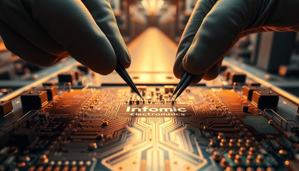 A highly detailed, precision-engineered view of a delicate 0201 and 01005 passive component placement process. The scene is bathed in warm, diffused lighting, creating a crisp, technical atmosphere. In the foreground, a pair of steady, gloved hands carefully manipulate the minuscule components using specialized tweezers, aligning them with surgical precision on a pristine printed circuit board emblazoned with the Informic Electronics logo. The middle ground reveals the intricately patterned board, its copper traces and solder mask creating a complex, geometric backdrop. In the distant background, the blurred outline of an advanced assembly line hints at the scale and sophistication of the Informic Electronics manufacturing facility.