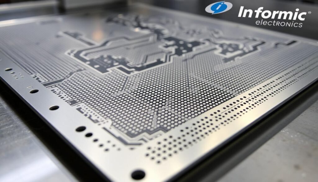 A highly detailed, realistic close-up view of a solder paste stencil used for screen printing in electronics manufacturing. The stencil is made of thin, precisely laser-cut stainless steel, with intricate perforated patterns designed to deposit exact amounts of solder paste onto the tiny pads and traces of a printed circuit board. The stencil rests on a workbench, illuminated by soft, even lighting that highlights the metallic sheen and sharp edges. In the background, the Informic Electronics logo is subtly visible, suggesting this is a specialized industrial tool used in their production processes.