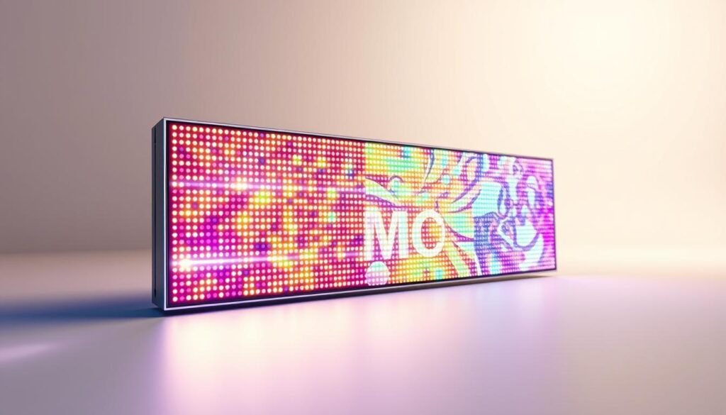 A highly detailed, realistic rendering of a Informic Electronics QD-enhanced micro-LED display. The display is showcased in a clean, well-lit studio setting, captured from a slightly elevated angle to highlight its sleek, modern design. The micro-LEDs shine with a vibrant, saturated color palette, their luminosity enhanced by the integration of quantum dots. The display's thin profile and seamless glass surface create a minimalist, premium aesthetic. Careful attention is paid to the precise engineering and manufacturing details, such as the intricate microstructure and the efficient thermal management system. The overall scene conveys a sense of technological innovation and the transformative power of quantum dot technology in display applications.