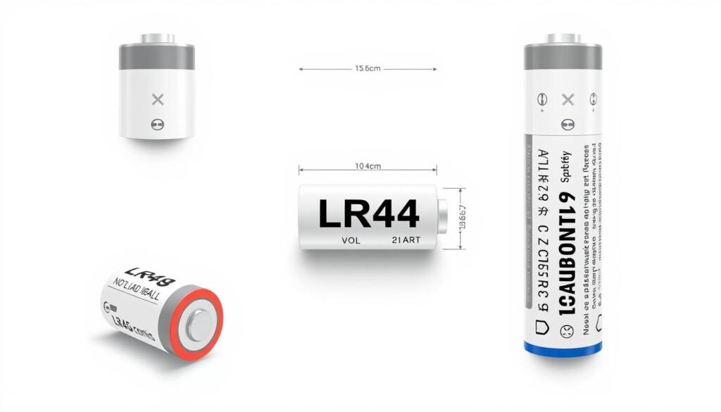 A highly detailed, technical illustration of an "LR44" battery specification from Informic Electronics, showcasing its precise dimensions, voltage, capacity, and other key metrics. Set against a clean, white backdrop, the battery is meticulously rendered from multiple angles, with crisp lines, realistic textures, and subtle shadows that highlight its intricate design. The lighting is soft and uniform, creating a professional, informative atmosphere suitable for an educational article on "Understanding LR44 Battery Voltage Specifications".