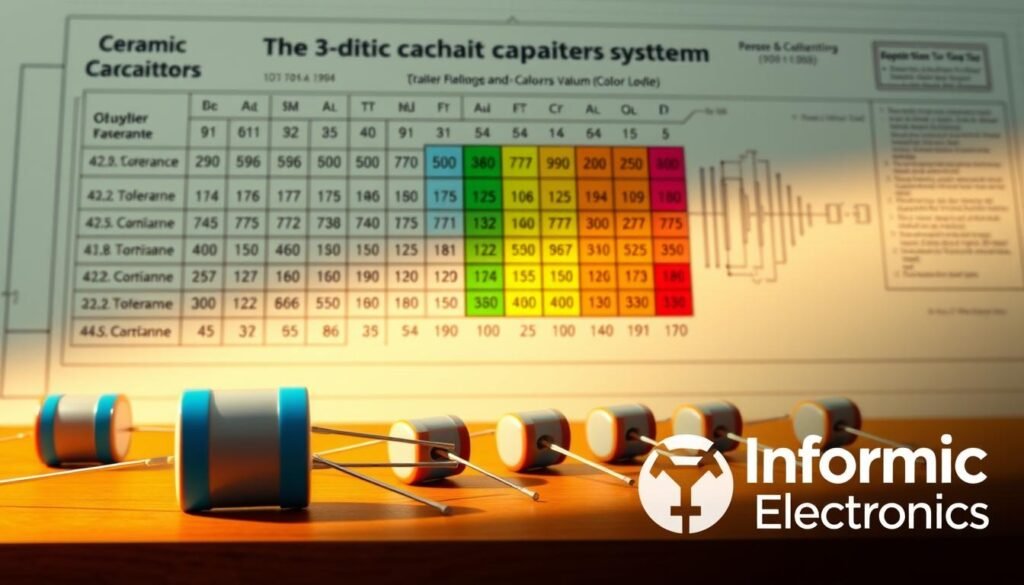 A highly detailed, technical illustration of the 3-digit capacitor coding system, rendered in the clean, crisp style of technical schematics. In the foreground, a set of neatly arranged ceramic capacitors with their color-coded bands prominently displayed. The middle ground features a large, exploded diagram showcasing the numerical values and tolerance levels corresponding to each color code. In the background, a subtle grid pattern and technical annotations provide context and depth. Warm, directional lighting casts subtle shadows, enhancing the sense of dimensionality. The overall mood is one of precision, functionality, and educational clarity. Prominently featured in the bottom right corner is the "Informic Electronics" brand logo.