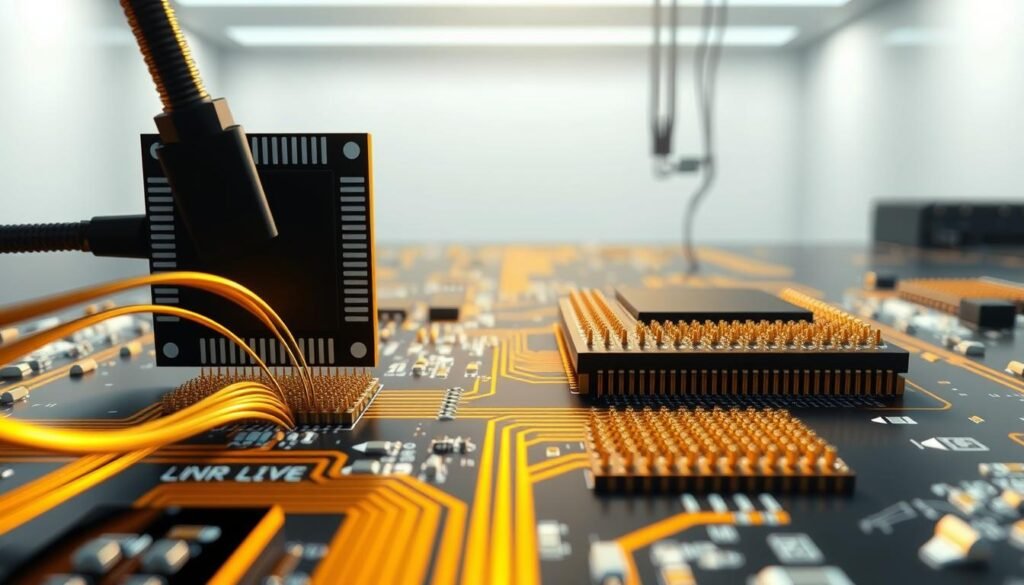 A highly detailed, technical illustration showcasing the wire bonding and flip chip processes in a Informic Electronics chip assembly. In the foreground, delicate golden wires connect the chip to the board, while in the middle ground, solder bumps on the flip chip device are meticulously aligned. The background features a clean, minimalist workspace with crisp lighting, casting sharp shadows that emphasize the precision of these microelectronic assembly techniques. The overall scene conveys the art and science behind advanced chip-on-board manufacturing, highlighting the contrasting approaches of wire bonding and flip chip integration.