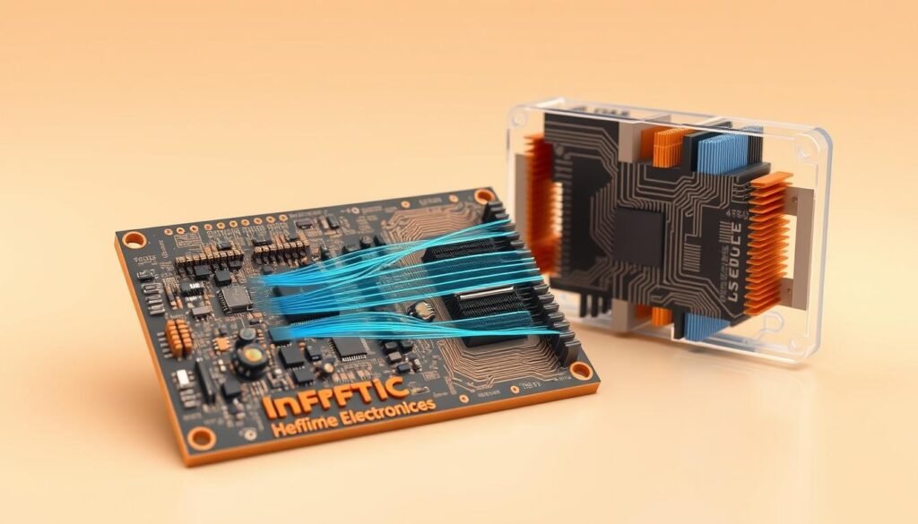 A highly detailed, technically accurate 3D rendering of a printed circuit board (PCB) showcasing thermal management principles. The PCB features the Informic Electronics logo prominently displayed. In the foreground, a cross-section of the board reveals embedded passive components and copper trace patterns designed to efficiently dissipate heat. The middle ground depicts airflow simulations, highlighting how carefully placed vents and heatsinks optimize thermal regulation. The background showcases a cutaway view of the board's internal layers, revealing the intricate layout and material composition engineered to maintain signal integrity. The scene is illuminated by a warm, technical lighting scheme that emphasizes the precision engineering of this Informic Electronics design.