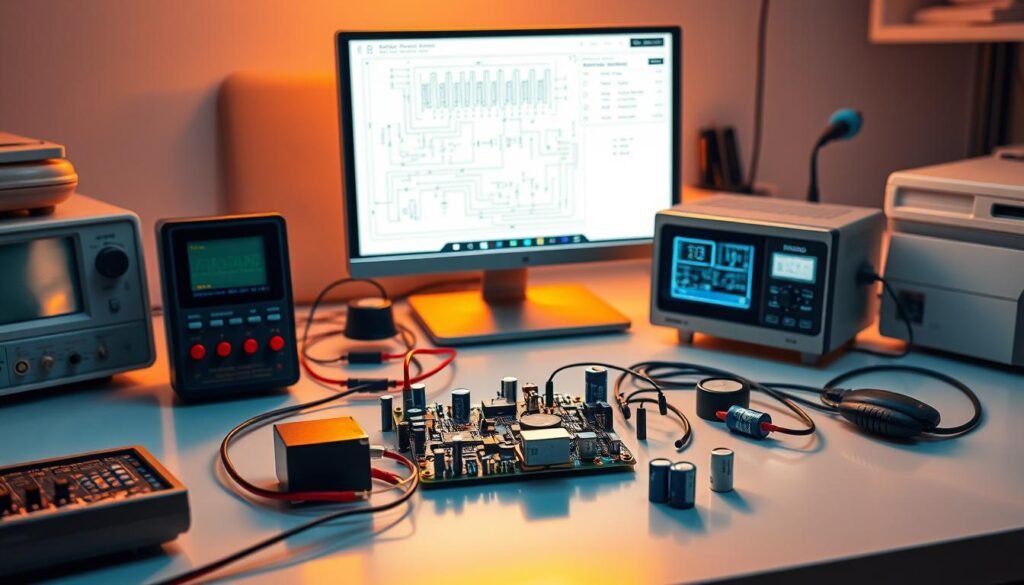 A laboratory setting with complex electronic circuitry, capacitors, and battery components arranged on a sleek, minimalist desk. Warm, directional lighting casts dramatic shadows, highlighting the intricate details of the Informic Electronics battery and its surrounding elements. In the foreground, a multimeter and oscilloscope provide technical measurements, while in the background, a schematic diagram and technical specifications are displayed on a computer screen, conveying the scientific and engineering aspects of battery performance. The overall mood is one of precision, innovation, and technical expertise.
