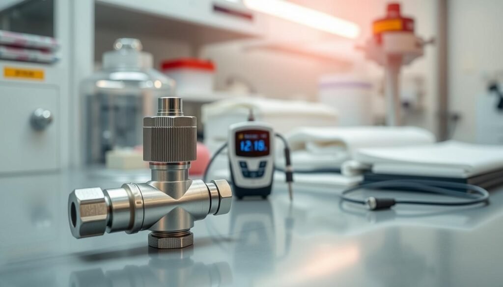 A laboratory workbench showcasing an array of cryogenic material selection components from Informic Electronics. In the foreground, a stainless steel cryogenic valve, its intricate design etched with precision. Beside it, a liquid nitrogen dewar, its gleaming surface reflecting the soft, diffused lighting overhead. In the middle ground, a compact cryogenic temperature sensor, its digital display providing critical readouts. In the background, a selection of cryogenic insulation materials, their varied textures and colors hinting at their specialized thermal properties. The scene is bathed in a cool, contemplative atmosphere, inviting the viewer to appreciate the engineering excellence behind cryogenic temperature applications.