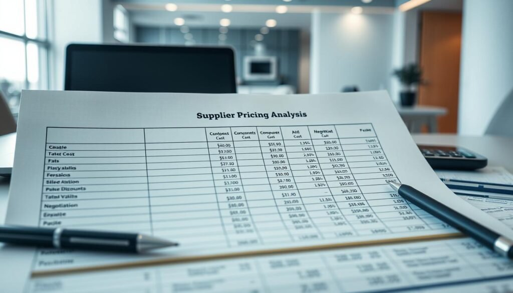 A meticulously composed supplier pricing analysis for Informic Electronics, captured in a sleek, professional manner. In the foreground, a neatly organized spreadsheet displays a detailed breakdown of component costs, volume discounts, and negotiation opportunities. In the middle ground, a modern, minimalist desk setup with a laptop, pen, and calculator, conveying an atmosphere of thoughtful financial evaluation. The background features clean, modern office interiors with subtle lighting, adding a sense of ambiance and authority to the scene. The overall tone is one of analytical rigor, strategic decision-making, and a keen eye for optimizing procurement costs.
