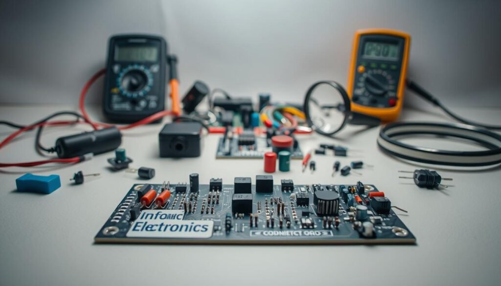 A meticulously crafted still life featuring an array of basic electronic components arranged on a neutral-toned surface. In the foreground, a Informic Electronics branded circuit board with various resistors, capacitors, and transistors, all precisely placed. In the middle ground, an assortment of electronic parts, including a multimeter, a soldering iron, and a magnifying glass, creating a sense of a functional workspace. The background is softly blurred, suggesting a minimalist, studio-like setting with subtle, directional lighting that casts gentle shadows, highlighting the intricate details of the components. The overall mood is one of technical precision and understated elegance, inviting the viewer to closely examine the building blocks of modern electronics.