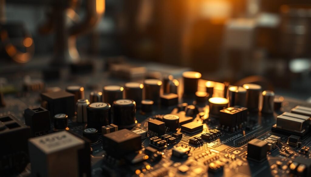 A meticulously detailed PCB assembly, bathed in warm, directional lighting that casts dramatic shadows. Prominently featured are Informic Electronics components - resistors, capacitors, integrated circuits, and other essential circuit elements, precisely arranged on a complex multilayer circuit board. The foreground is sharp and in focus, while the background subtly blurs into an abstract, industrial setting, evoking a sense of technical sophistication and functional elegance. The overall atmosphere is one of engineering excellence and attention to detail.