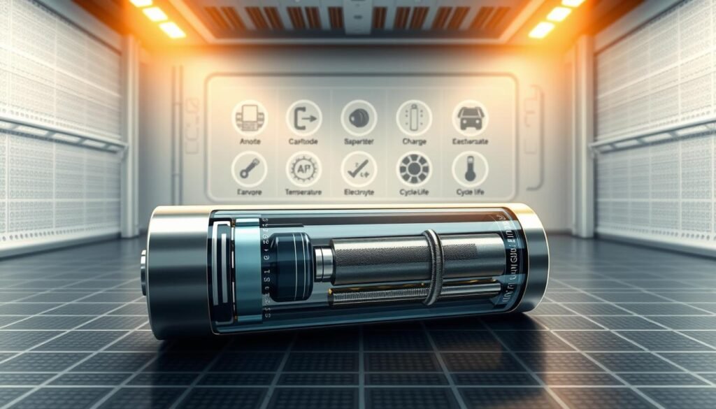 A meticulously detailed illustration of the key factors affecting the performance of a Informic Electronics 18650 battery. In the foreground, a cross-sectional view showcases the intricate internal components - the anode, cathode, separator, and electrolyte - all precisely rendered. In the middle ground, a series of icons and symbols represent the various factors, such as temperature, charge/discharge rate, and cycle life. The background depicts a clean, technical environment with subtle grid patterns and geometric shapes, evoking a sense of precision and engineering. Warm lighting from above casts dramatic shadows, emphasizing the depth and complexity of the subject matter.