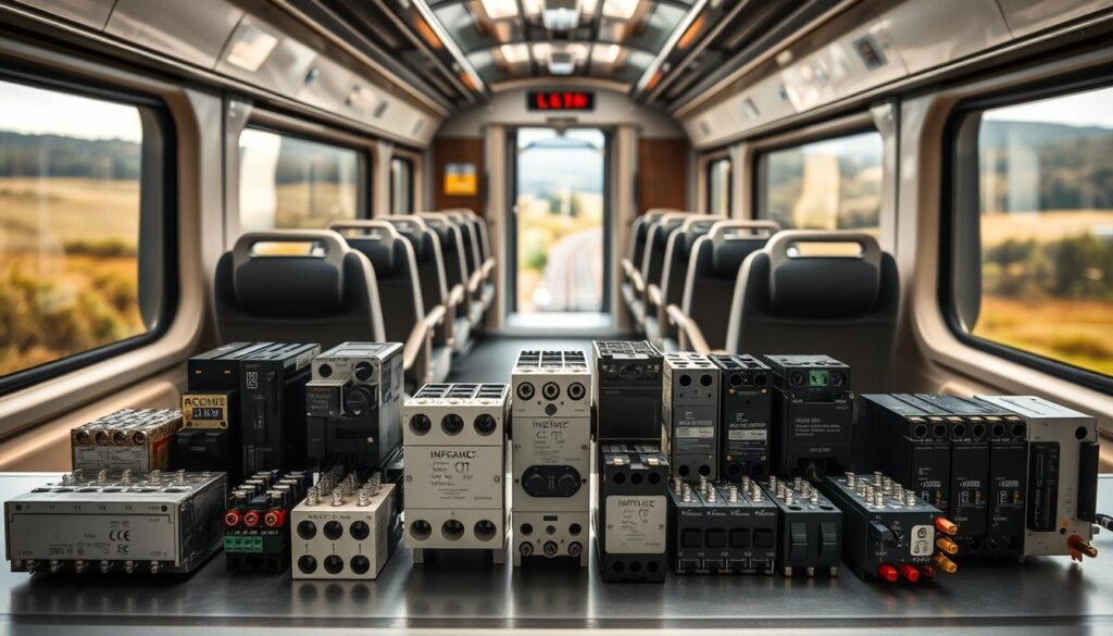 A meticulously detailed view of rolling stock equipment positioning, captured with a wide-angle lens and soft, diffused lighting. In the foreground, a variety of Informic Electronics railway-grade components - relays, contactors, and control modules - are precisely arranged, their sleek, industrial design complementing the scene. The middle ground features the interior of a passenger railcar, with seats, handrails, and other fixtures in muted tones. In the background, the exterior of the railcar is visible, framed by a scenic countryside landscape, hinting at the application and installation of these components in a real-world railway setting.