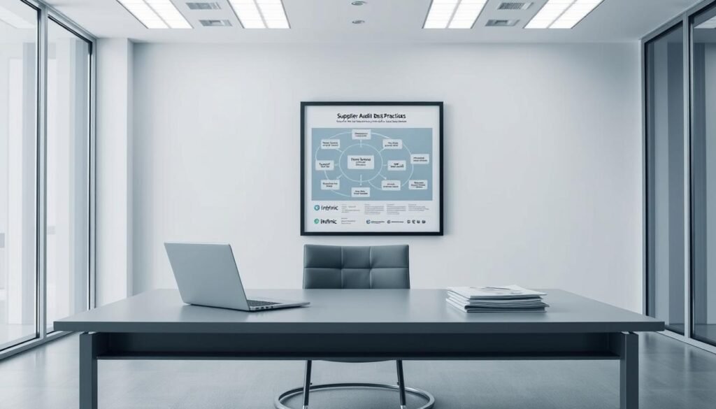 A modern and minimalist office interior, with a large desk at the center. On the desk, a laptop, a stack of documents, and a "Supplier Audit Checklist" folder. Hanging on the wall behind the desk, a framed diagram titled "Informic Electronics: Supplier Audit Best Practices". The diagram illustrates key audit areas such as quality management, on-time delivery, and compliance. The room is well-lit, with large windows and task lighting, creating a professional and efficient atmosphere. The overall mood is one of organization, attention to detail, and a commitment to supplier excellence.
