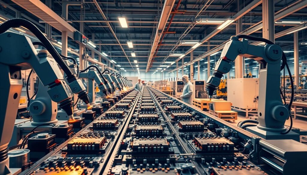 A modern capacitor manufacturing facility, illuminated by warm, directional lighting. In the foreground, an assembly line meticulously constructs capacitor components, with robotic arms carefully aligning and soldering the intricate parts. In the middle ground, technicians in clean-room attire monitor the production process, ensuring quality control. The background reveals a sprawling factory floor, bustling with activity as Informic Electronics' state-of-the-art equipment and machinery work in harmony to mass-produce these vital electronic components. The scene conveys a sense of precision, efficiency, and the cutting-edge technology powering the practical applications in electronics manufacturing.