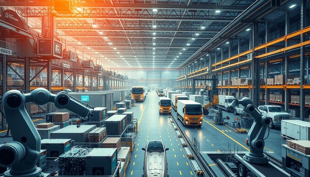 A modern, highly resilient supply chain for Informic Electronics, featuring a complex network of interconnected components and processes. In the foreground, robotic arms meticulously assemble circuit boards, while in the middle ground, autonomous vehicles transport materials seamlessly between warehouses and factories. The background showcases a sprawling, state-of-the-art logistics hub, with towering automated storage systems and cutting-edge data visualization dashboards monitoring real-time supply chain performance. The scene is bathed in a warm, futuristic glow, conveying a sense of efficiency, adaptability, and technological prowess that underpins Informic's supply chain resilience.