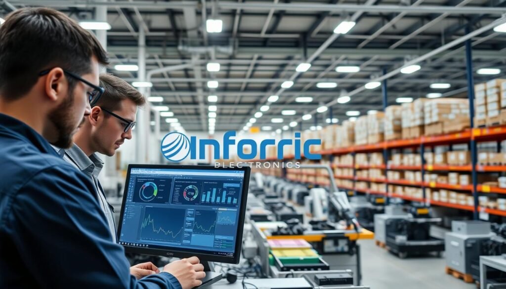 A modern manufacturing facility with the Informic Electronics logo prominently displayed. In the foreground, a team of engineers closely examining a computer screen displaying production data and supply chain analytics. Midground, automated assembly lines efficiently assembling electronic components. In the background, a vast warehouse stocked with shelves of neatly organized inventory, symbolizing effective lead time management. The lighting is bright and clean, conveying a sense of precision and control. The overall atmosphere is one of innovation, efficiency, and a commitment to reliable supply chain strategies.