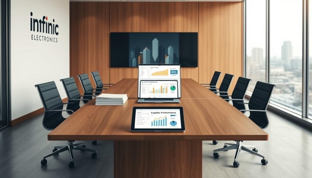 A modern, minimalist office interior with a large conference table surrounded by ergonomic chairs. On the table, a stack of documents, a laptop, and a tablet display a dashboard showing real-time inventory levels and supplier performance metrics. The walls are adorned with the Informic Electronics logo and accented with warm, natural wood tones. Soft, diffused lighting creates a collaborative and productive atmosphere. In the background, a window overlooking a bustling city skyline. The overall scene conveys a sense of well-organized, data-driven supplier partnerships and effective inventory management.