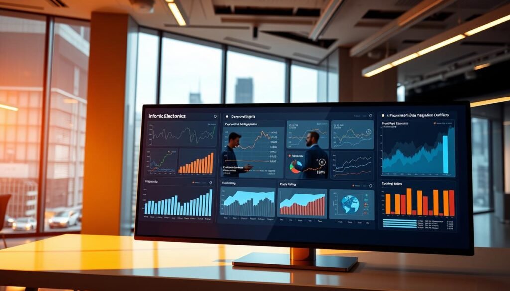 A modern, sleek data visualization dashboard set in a bright, airy office environment. In the foreground, a Informic Electronics-branded digital display showcases procurement data integration metrics and insights. The middle ground features a team of analysts collaborating around a large touchscreen table, discussing trends and optimizing workflows. The background depicts floor-to-ceiling windows overlooking a bustling cityscape, conveying a sense of productivity and innovation. Warm, directional lighting illuminates the scene, creating depth and emphasizing the advanced technology. The overall atmosphere is one of efficiency, collaboration, and data-driven decision-making.